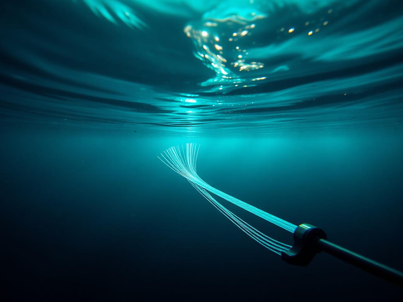 Fibre optic submarine cable in deep teal water